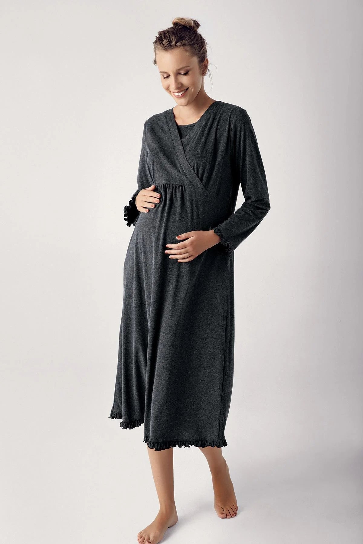 high-quality women's pajama setsShopymommy 13112 Double Breasted Maternity & Nursing Nightgown Anthracite