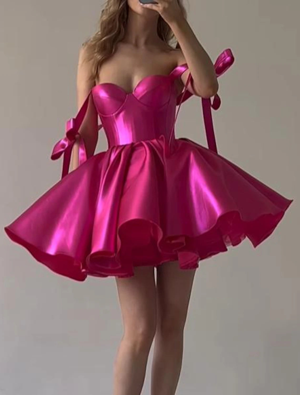 Women's Sleeveless DressesA-Line Homecoming Dresses Corsets Dress Holiday Graduation Short / Mini Sleeveless Spaghetti Strap Pink Dress Satin with Bow(s)