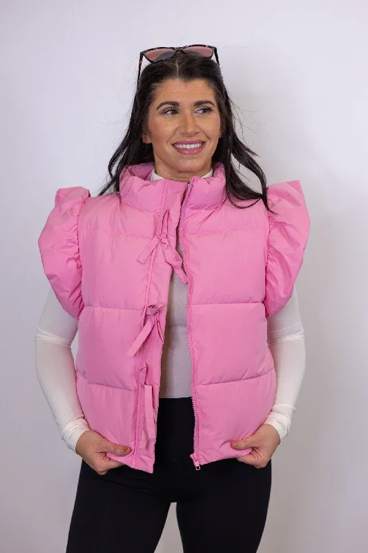 Women's Blouse with Collarless DesignRuffled Charm Pink Puffer Vest