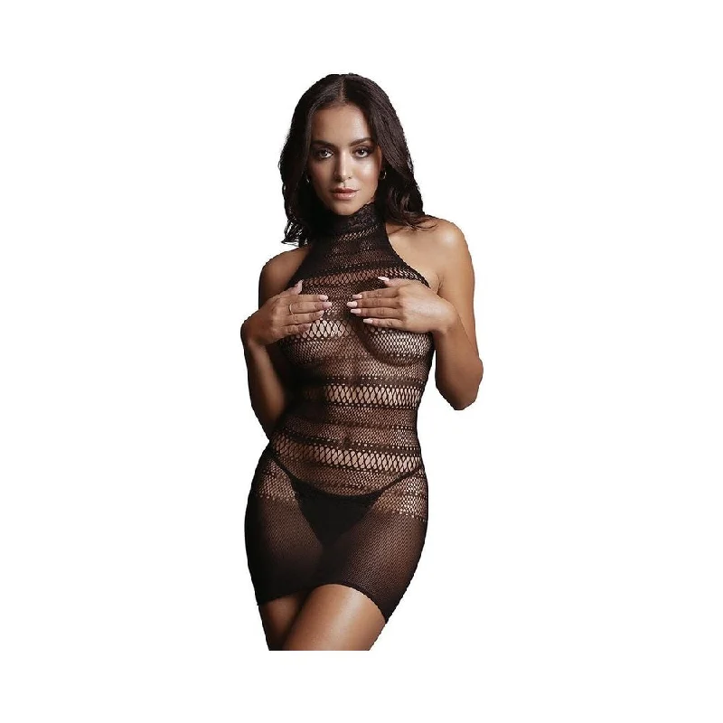 wireless lace bra with adjustable straps for versatilityShots Le Desir High Lace Neck Net Mini Dress Os Black