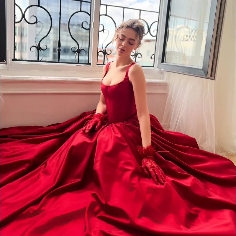 Women's High Collar DressesSpaghetti Straps A-line Evening Dresses Taffeta Square Collar Basque Waist Wedding Party Dress Elegant Floor-Length Prom Gowns