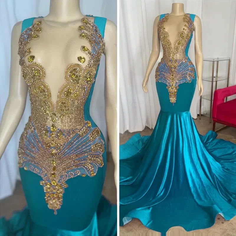 Women's Strapless DressesElegant Turquoise Prom Dresses For Black Girls Rhinestone Velvet Mermaid Party Gowns Evening Dress