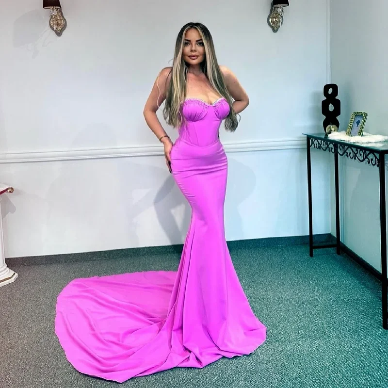 Women's Square Collar DressesStunning Fuchsia Stretchy Mermaid Long Evening Dresses With A Corset Bustier Beaded Sweetheart Lace Up Back Long Maxi Gowns