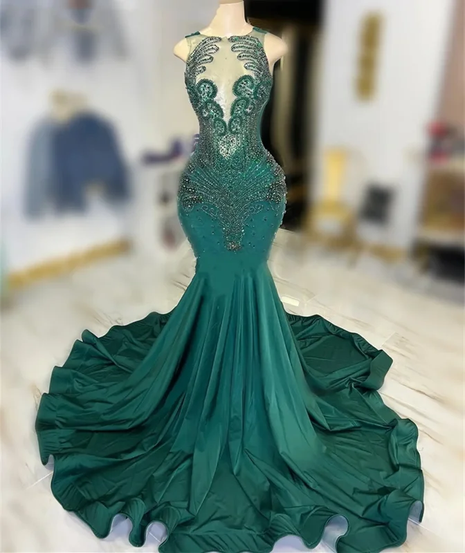 Women's Peter Pan Collar DressesEmerald Green Luxury Prom Dresses Crystal Beads Mermaid Girls Senior Graduation Party Gowns New Goegeous Evening Maxi