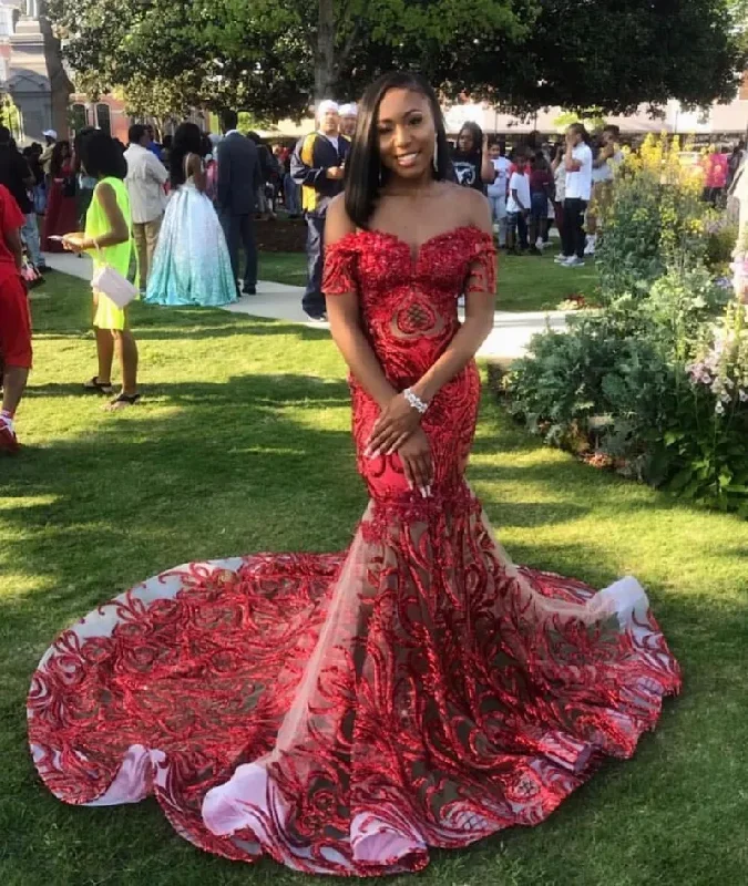 Women's Rounded Collar DressesElegant Red Sequin Prom Dresses Black Girls Off The Shoulder African Mermaid Party Gowns Short Sleeves robe de soirée femme