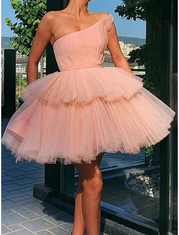 Women's Boat Collar DressesA-Line Homecoming Dresses Tiered Plisse Dress Graduation Cocktail Party Short / Mini Sleeveless One Shoulder Pink Dress Tulle with Ruffles