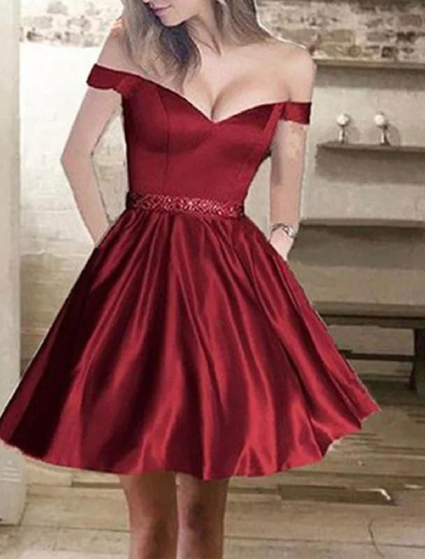 Women's Shawl Collar DressesA-Line Homecoming Dresses Princess Dress Holiday Graduation Short / Mini Sleeveless Off Shoulder Satin with Pleats Beading