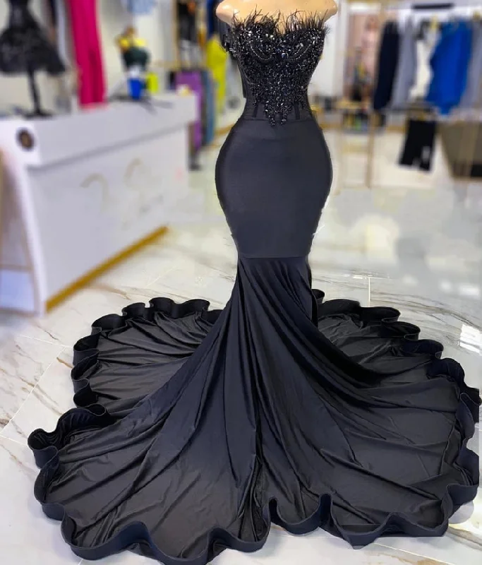 Women's Lapel Collar DressesElegant Strapless Long Prom Dress For Black Girls Beaded Crystal Birthday Party Dresses Feathers Evening Gowns Mermaid Lace