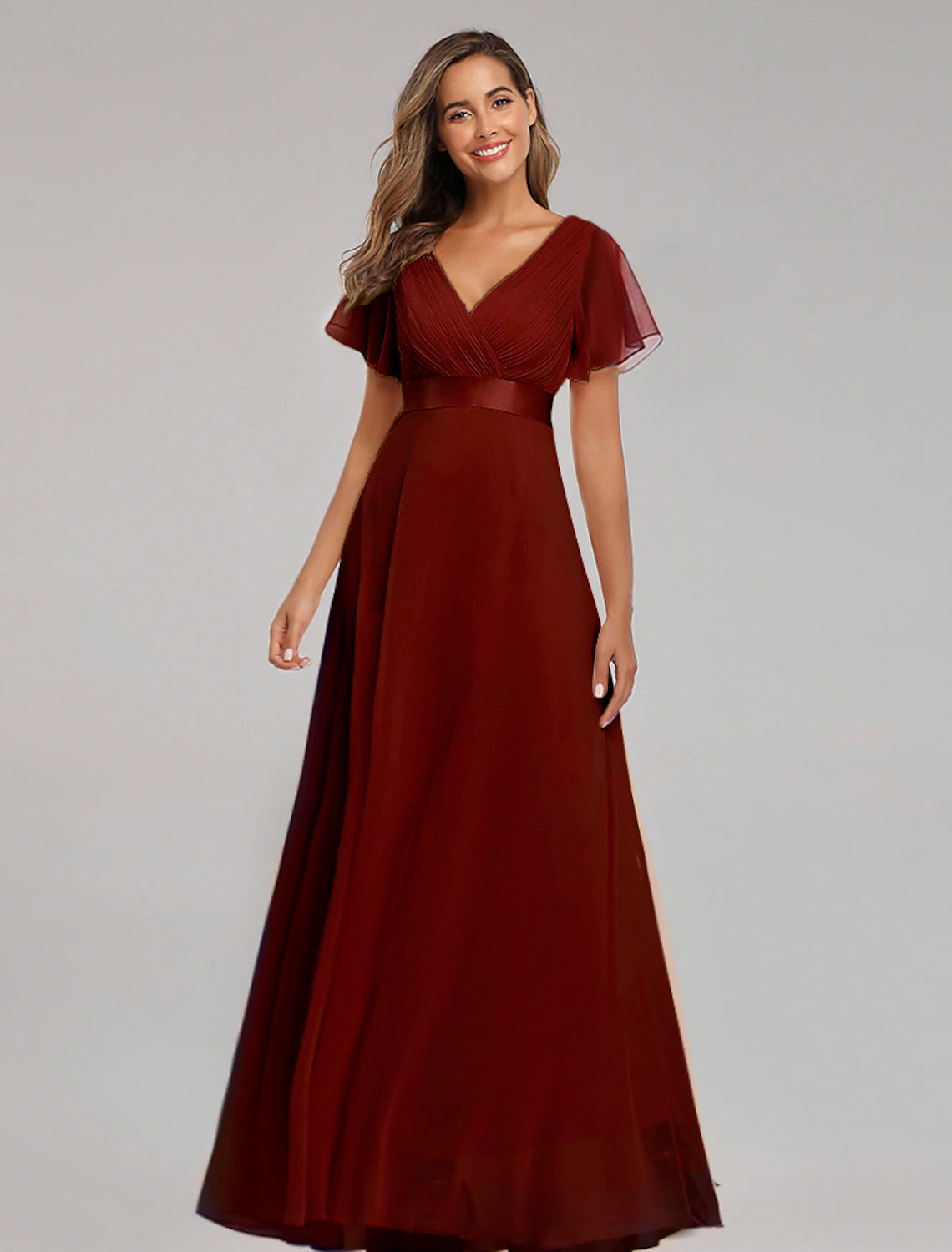 Women's Collarless DressesA-Line Prom Dresses Maxi Dress Fall Wedding Guest Dress For Bridesmaid Floor Length Short Sleeve V Neck Chiffon V Back with Ruched Ruffles