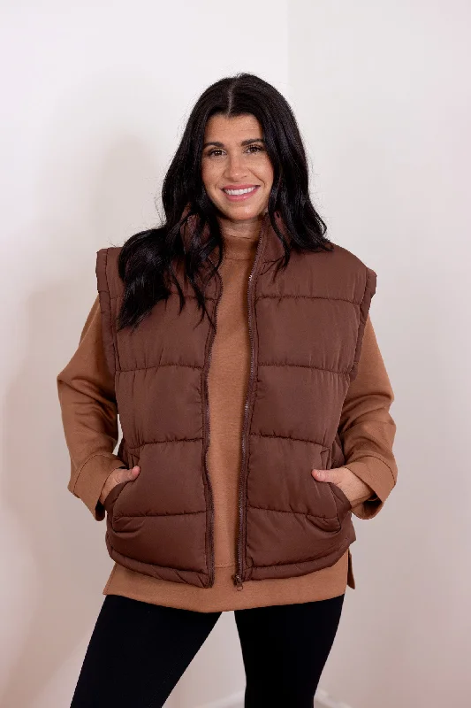 Women's Blouse with RufflesMountain Views Chocolate Puffer Vest