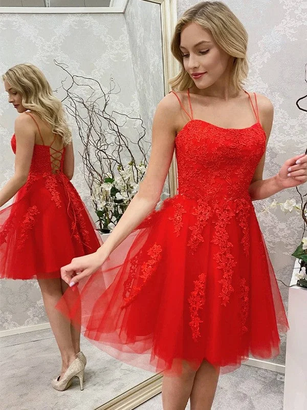 Women's Sweetheart-Neck DressesA-Line/Princess Tulle Applique Spaghetti Straps Sleeveless Short/Mini Dresses