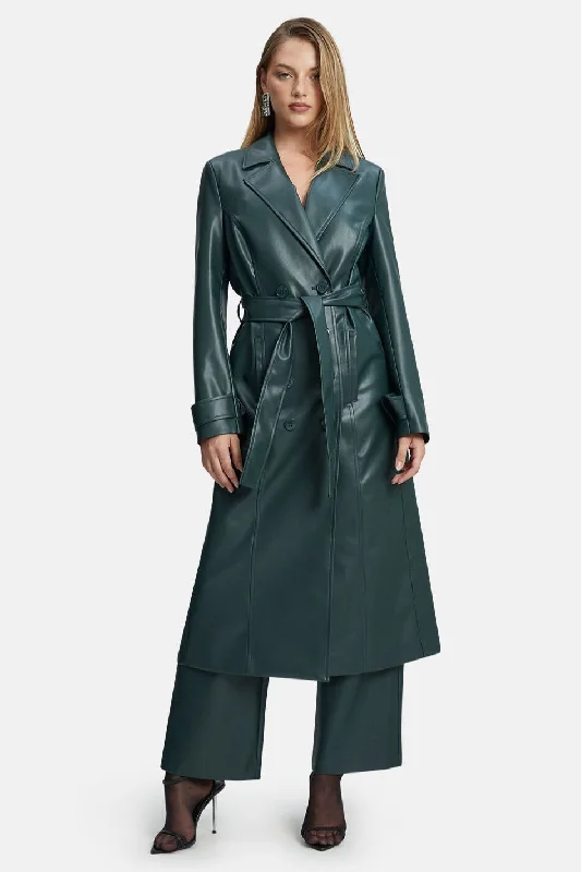 Women's Jumpsuits with Collarless DesignVegan Leather Trench Coat - Evergreen