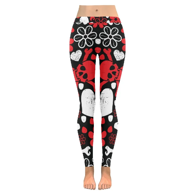 Zenzzle Red skulls in flowers and hearts Womens yoga running Leggings