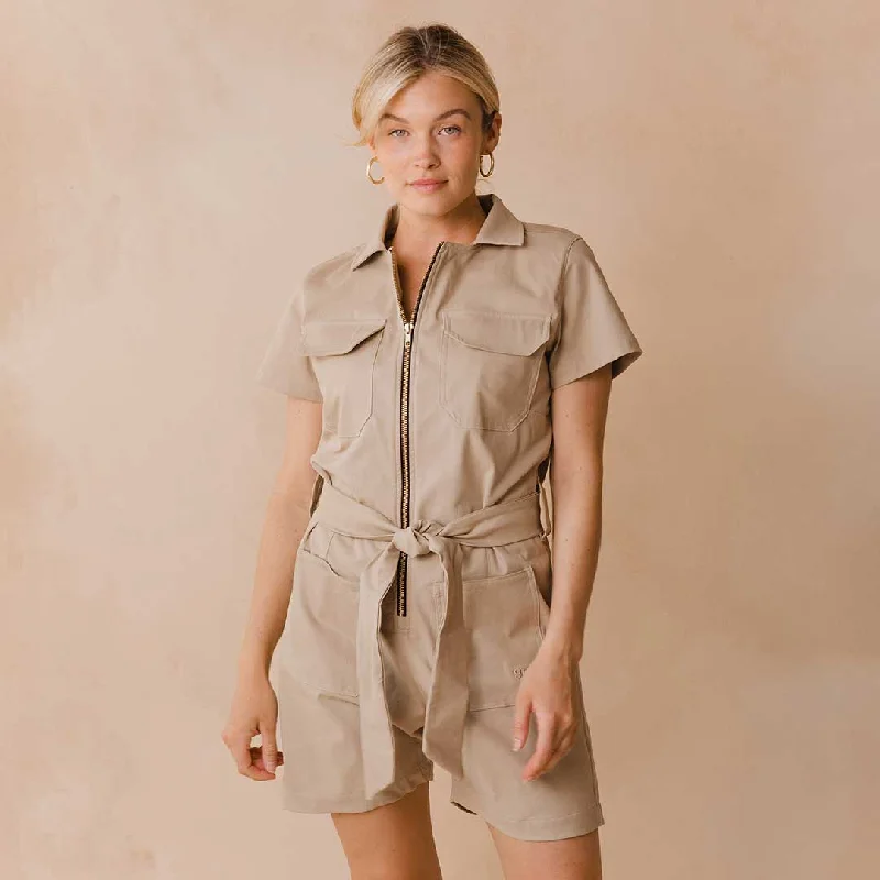 Women's Jumpsuits with U-Shaped CollarCity Romper, Brown Canvas