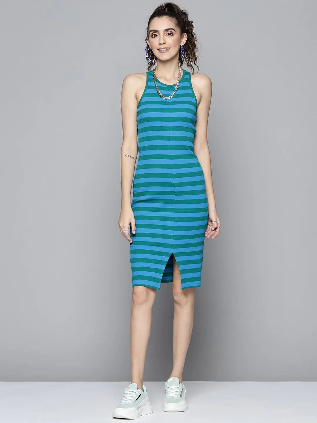 Women's Collarless DressesWomen Green & Blue Rib Box Back Bodycon Dress