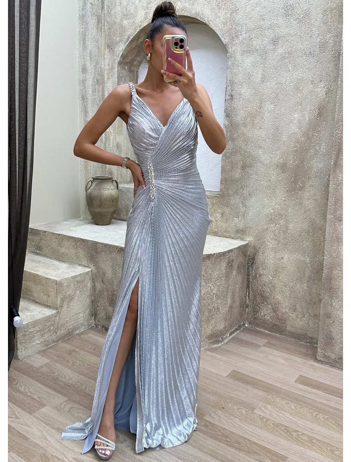 Women's Wide Collar DressesMermaid / Trumpet Prom Dresses Sparkle Dress Formal Evening Party Sweep / Brush Train Sleeveless V Neck Spandex with Rhinestone Pleats Slit