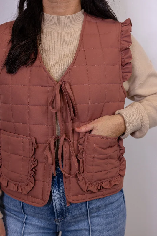 Women's Blouse with Low CollarRuffled Up Mauve Puffer Vest