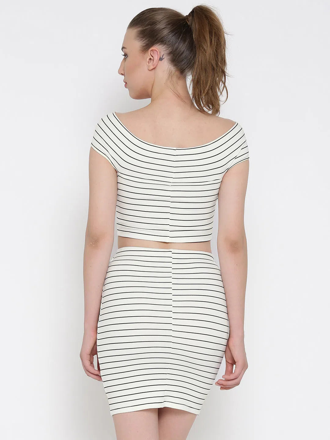 Women's Boat Collar DressesWhite Striped Bandage Bardot Bodycon Co-Ordinate Dress