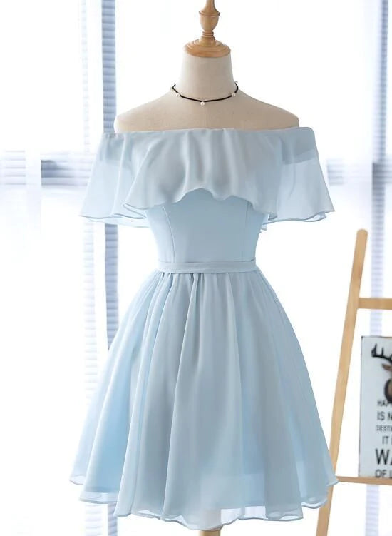 Women's Maxi DressesBeautiful Off Shoulder Simple Short Bridesmaid Dress, Lovely Blue Chiffon Party Dress