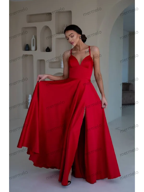 Women's Shirt Collar DressesRed Silk Dress With Slit, Red Silk Long Dress, Maxi Prom Dress, Women Silk Maxi Dress, Handmade Dress, Silk Birthday Dress