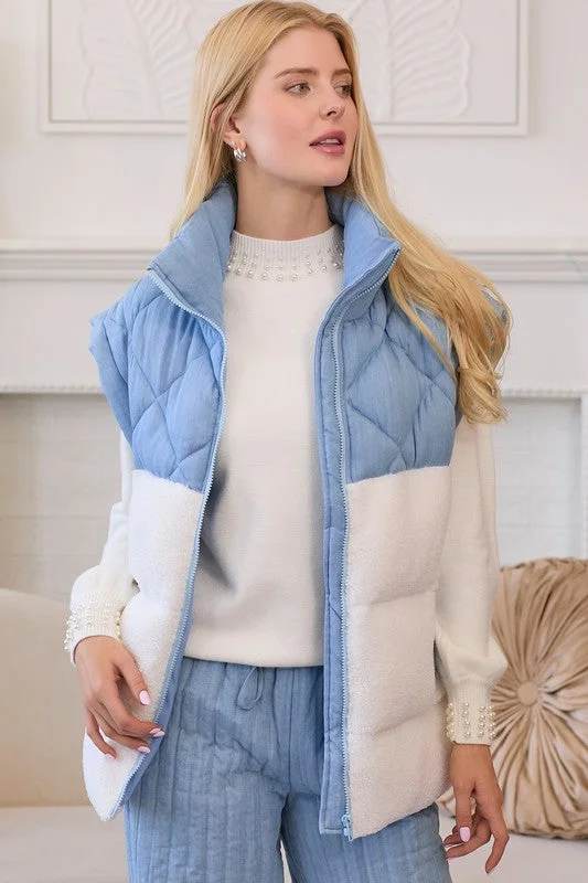 Women's Blouse with Notched CollarQuilted Fleece Blue Colorblock Vest