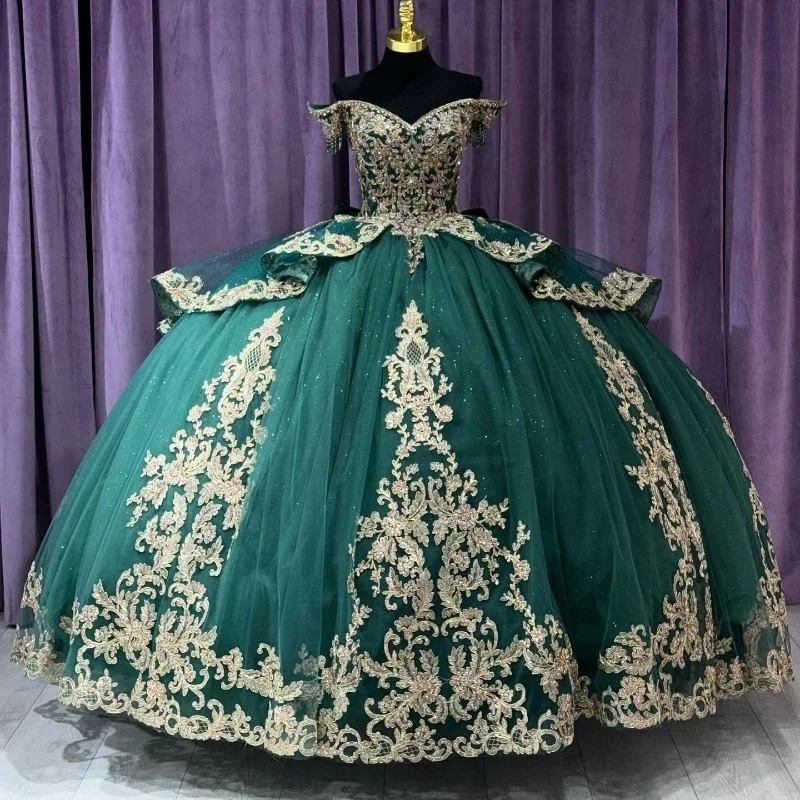 Women's Boat-Back DressesEmerald Green Shiny Quinceanera Dresses For Sweet 16 Princess Gown Gold Applique Lace Beads Birthday Party Prom Dresses Vestido