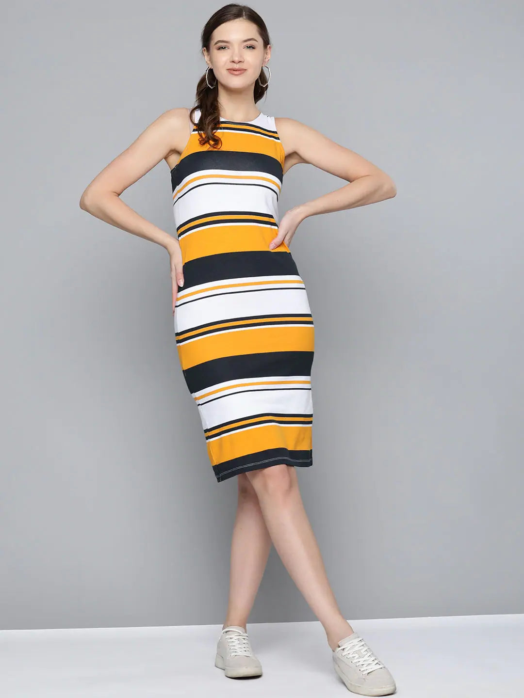 Women's Asymmetrical DressesMustard & White Stripes Back Slit Bodycon