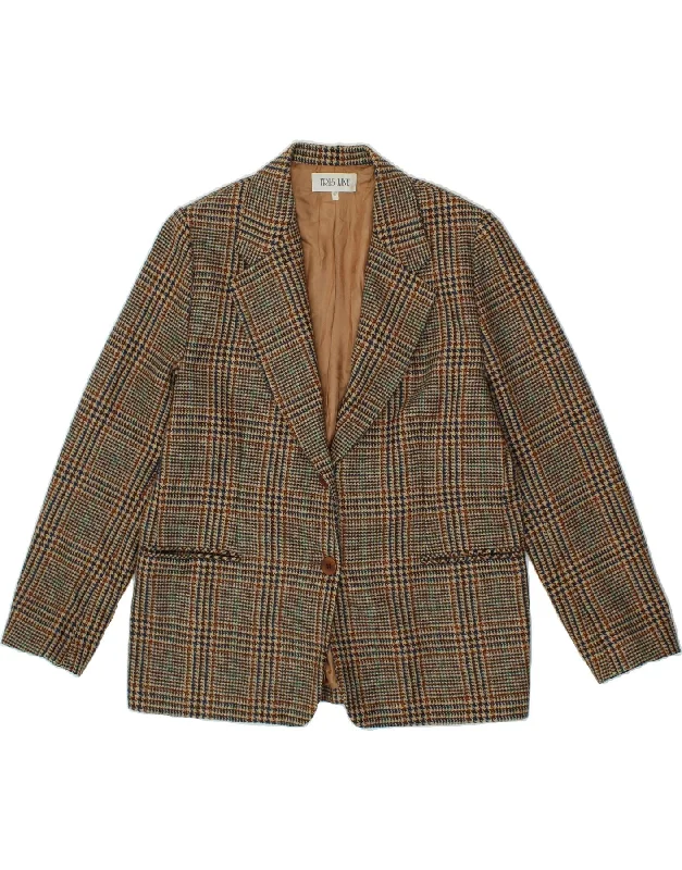 Women's Coats with Fur Trimmed PocketsVINTAGE Womens 2 Button Blazer Jacket IT 47 Large Brown Houndstooth Wool