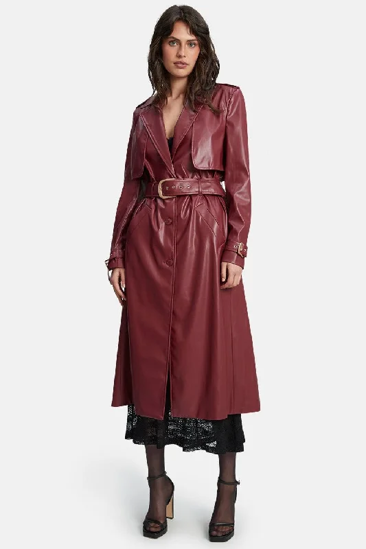 Women's Jumpsuits with V-Shaped CollarVegan Leather Trench Coat - Burgundy