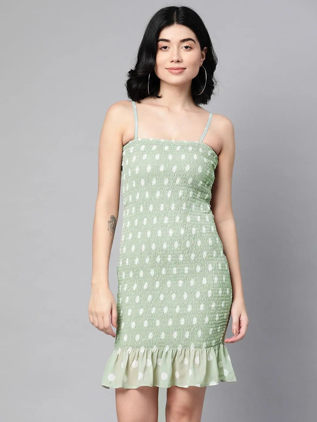 Women's Mandarin Collar DressesSea Green Dot Smocked Bodycon Dress