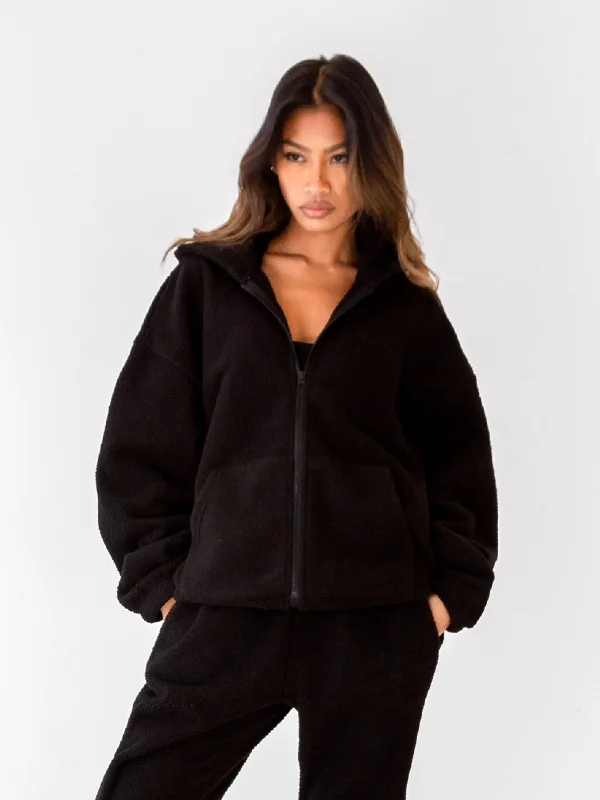 Women's Hooded Sweatshirts with Flap PocketsBorg Full Zip Hoodie - Black