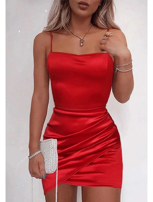 Women's Cold-Shoulder DressesSheath / Column Party Dresses Backless Dress Holiday Homecoming Short / Mini Sleeveless Spaghetti Strap Satin with Ruched