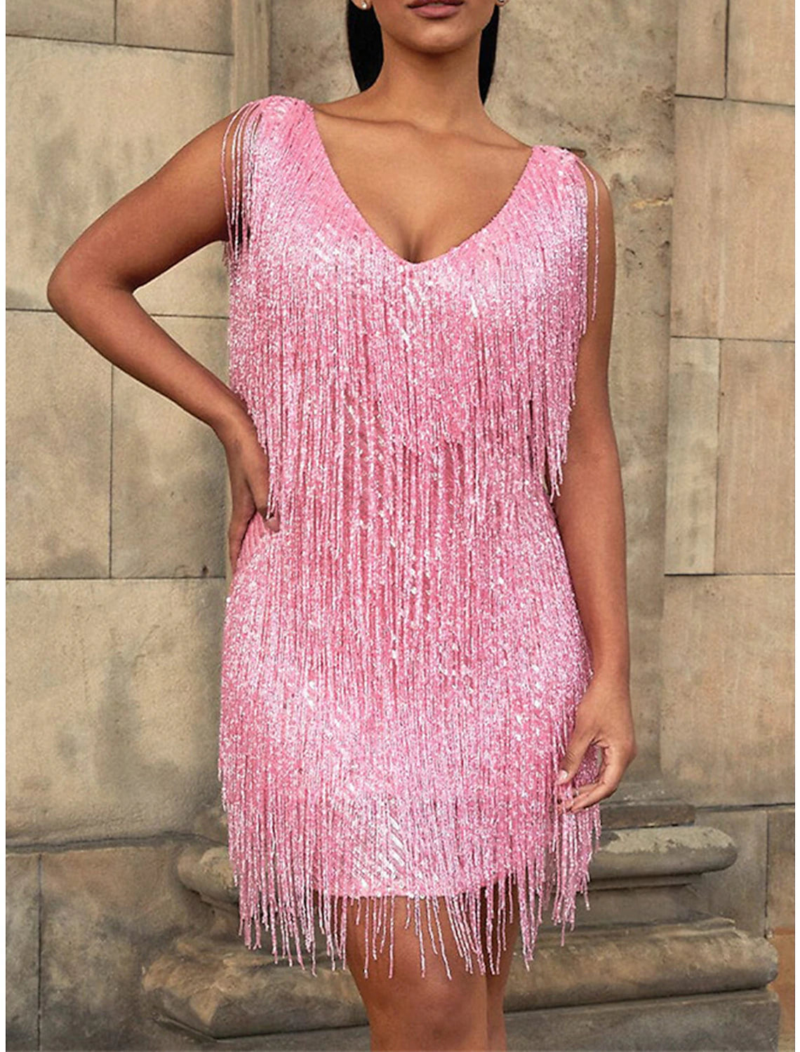 Women's Lapel Collar DressesWomen‘s Sequin Dress Fringe Dress Pink Sequin Dress Party Dress Sparkly Dress Black Dress Homecoming Mini Dress Silver Black White Sleeveless Sparkly Glitter Winter V Neck Fashion