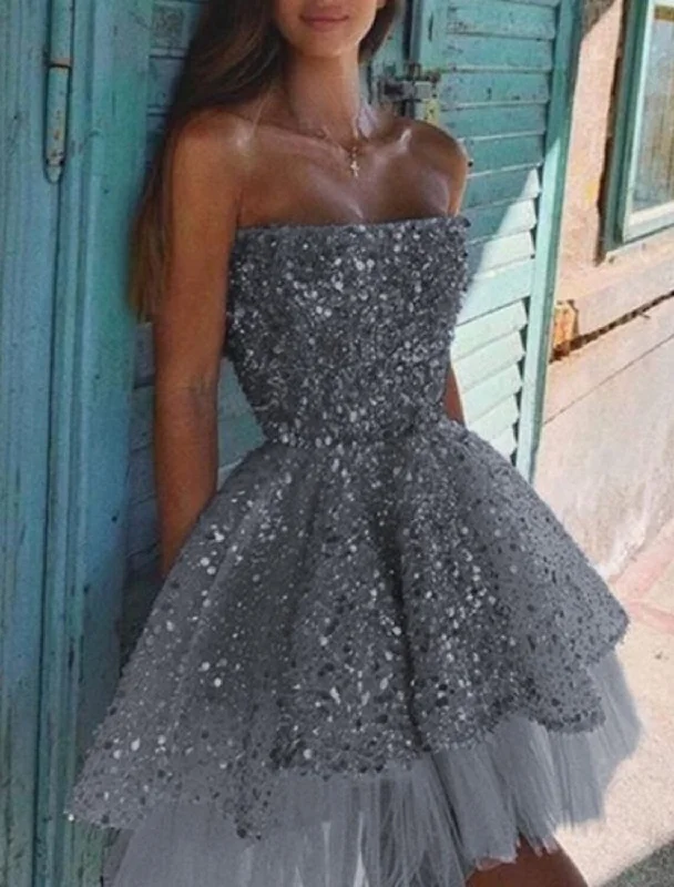 Women's Cut-Out DressesA-Line Homecoming Party Dress Sparkle & Shine Dress Holiday Graduation Short / Mini Sleeveless Strapless Tulle with Sequin Ruffles