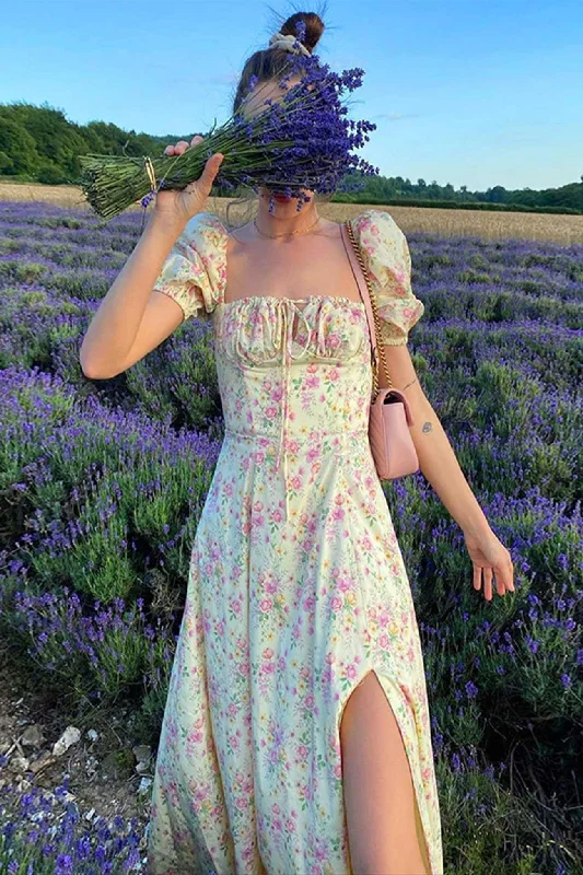 Women's U-Shaped Collar DressesFloral Print Backless Corset Maxi Dress