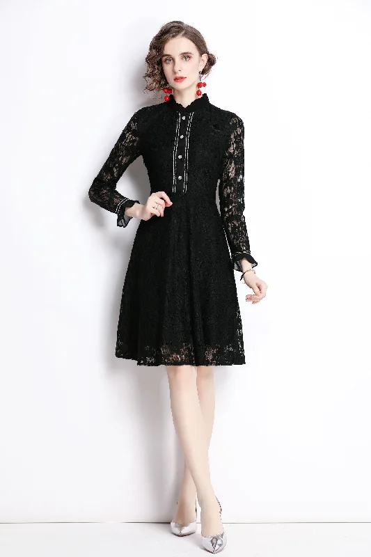 Women's Bell-Sleeve DressesBlack Cocktail A-line Crewneck Long Sleeve Above Knee Lace Dress