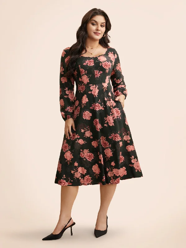 Women's Low Collar DressesFloral Lantern Sleeve Shirred Pocket Dress