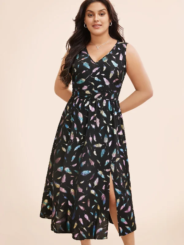 Women's Narrow-Neck DressesGlitter Feather Print V Neck Dress