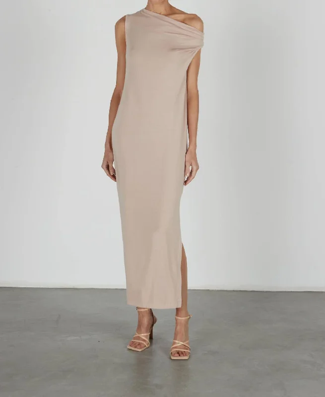 Women's Mandarin Collar DressesLuxe Knit Exposed Shoulder Dress In Dk Nude