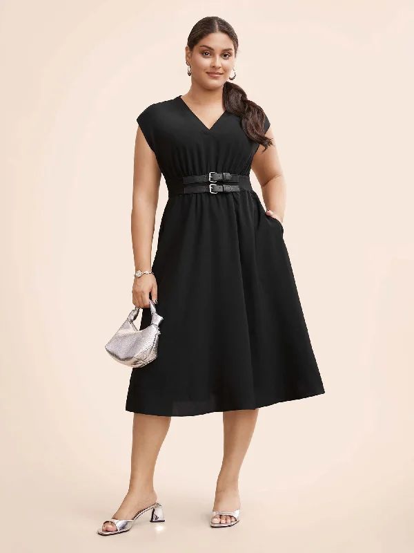 Women's V-Neck DressesPlain Cap Sleeve Button Detail Dress