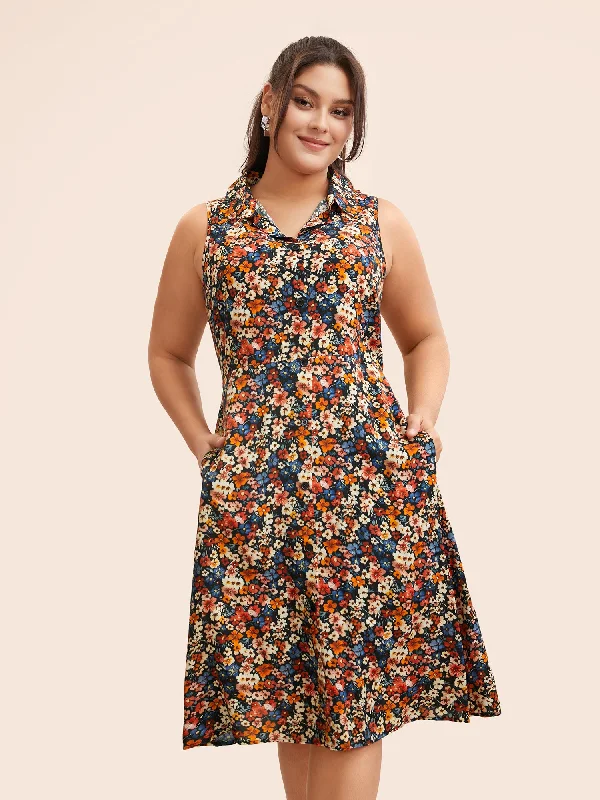 Women's High-Neck DressesShirt Collar Ditsy Floral Sleeveless Dress