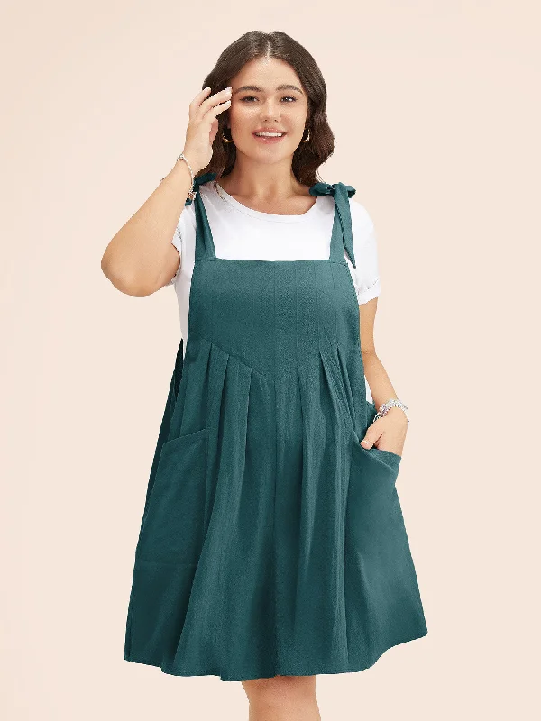 Women's Peter Pan Collar DressesSolid Pleated Hem Pocket Tie Shoulder Overall Dress