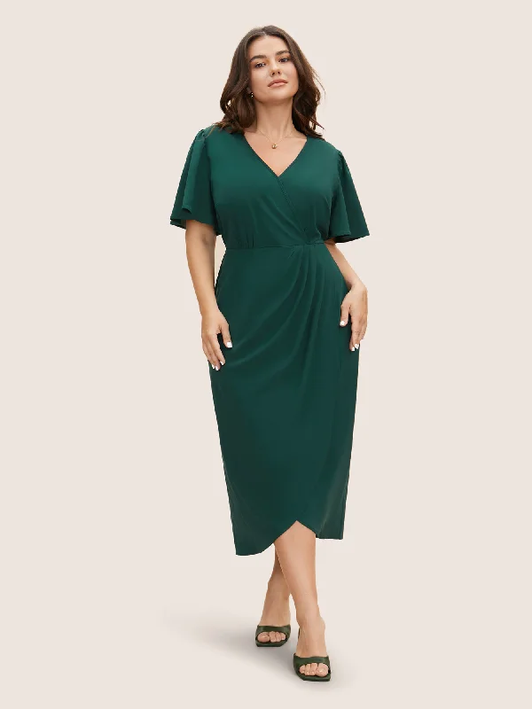 Women's Wrap DressesSolid Pleated Ruffle Sleeve Wrap Hem Dress