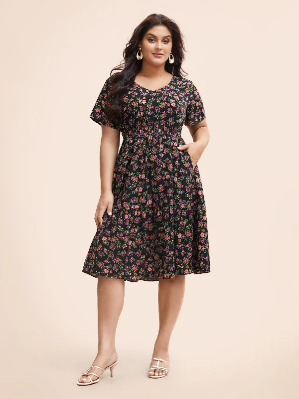 Women's High Collar DressesV Neck Ditsy Floral Shirred Dress