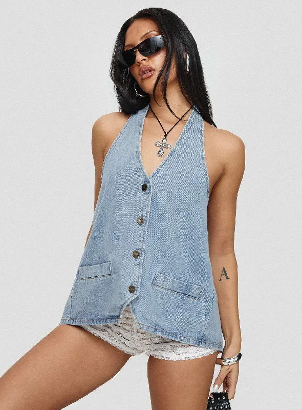 Women's Blouse with Keyhole CollarHills Halter Washed Blue