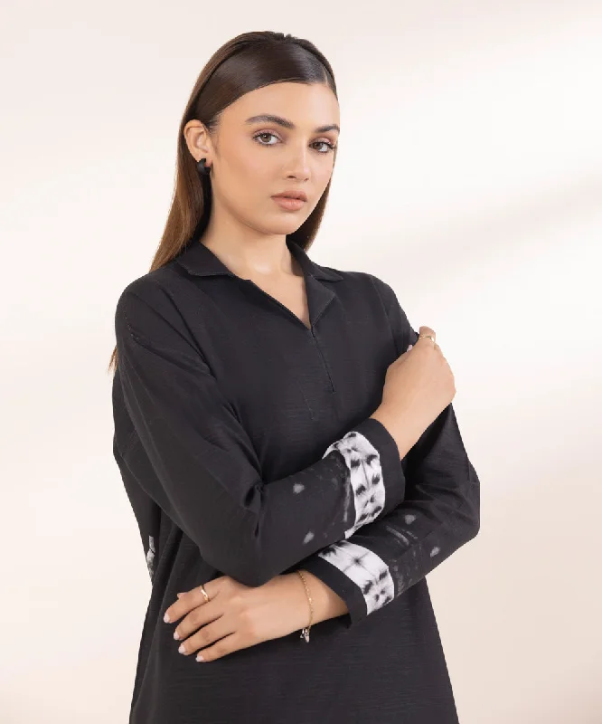 women's pajamas with an elasticized cuffsPrinted Khaddar Shirt