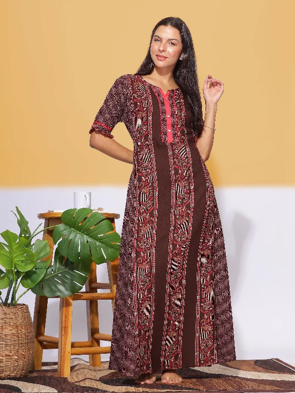 women's pajamas for those who want to feel pampered and lovedAlpine Maxi Designer Maroon Brown Nighty Frock Style