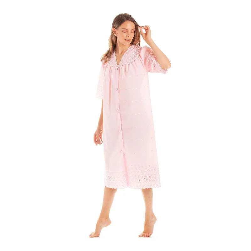 women's pajamas with an adjustable necklineBritish Made Broderie Anglaise Full Button Nightdress