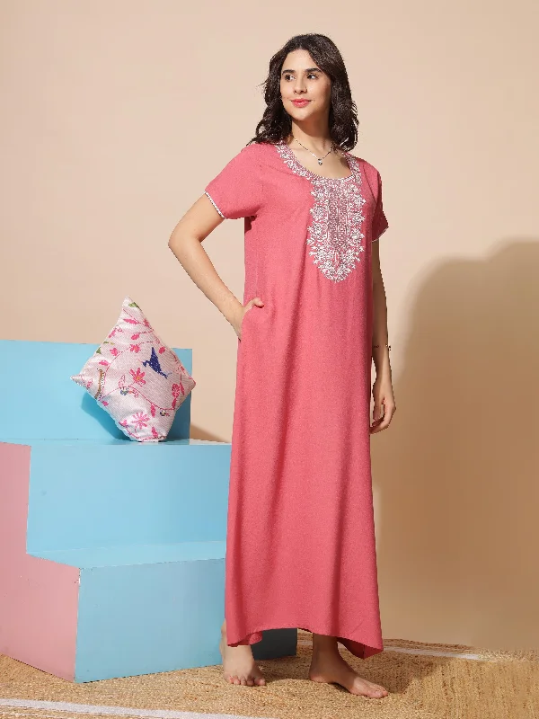 women's pajamas designed for those who believe in sweet dreams and cozy nights.Chic Rust Embroidered A-Line Nighty - Comfortable Sleepwear