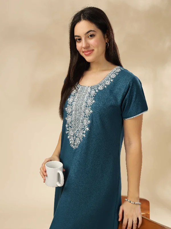 women's pajamas for gift-givingElectric Blue Embroidered A-Line Nighty - Comfortable Sleepwear